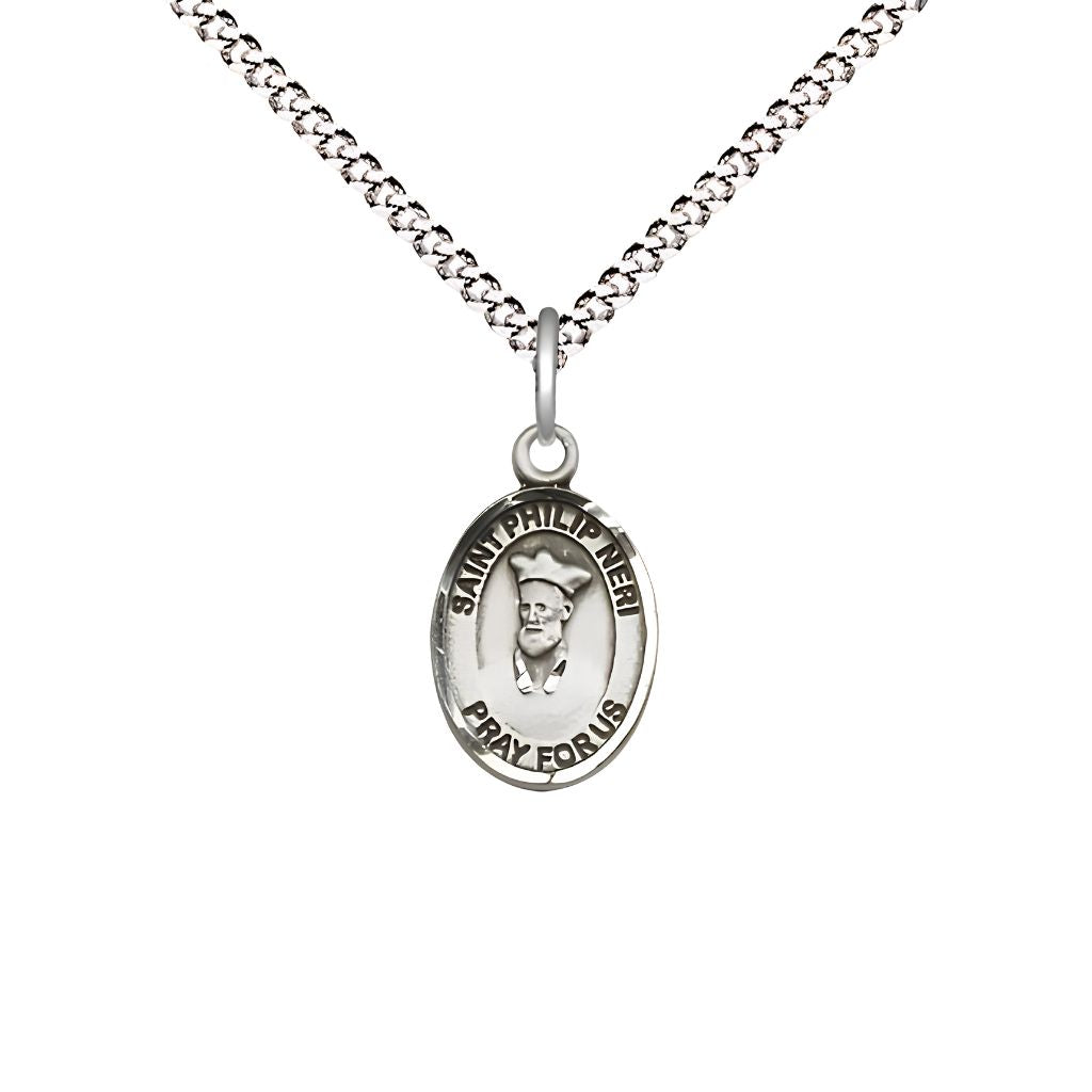 Bliss St. Philip Neri Engravable Small Children Pewter Medal with Rhodium-plated Chain, Measures 1/2-inch tall by 1/4-inch wide. Deluxe Gift Box.