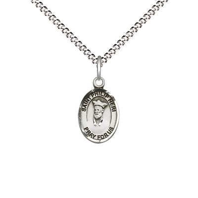 St. Philip Neri Engravable Small Children Pewter Medal with Rhodium-plated Chain, Measures 1/2-inch tall by 1/4-inch wide. Deluxe Gift Box, Bliss Manufacturing
