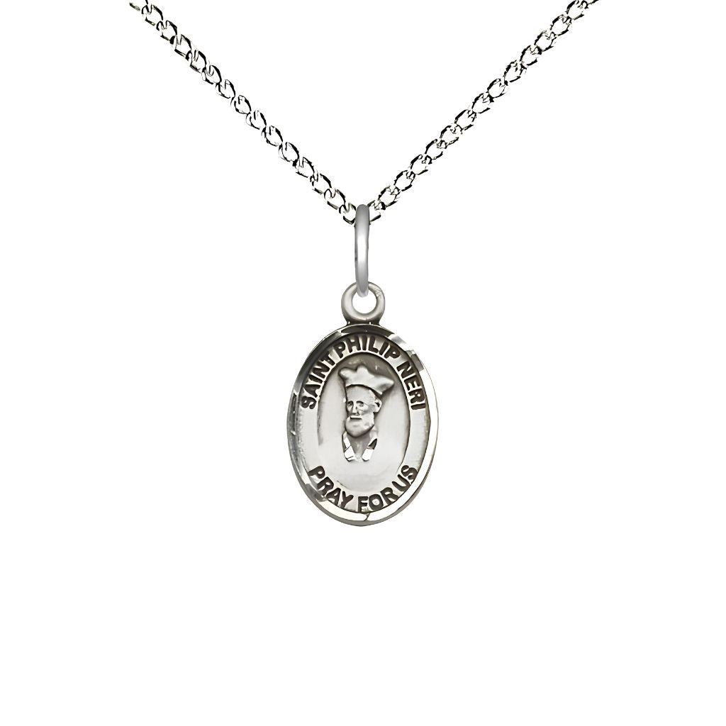 Bliss St. Philip Neri Engravable Small Children Sterling Silver Medal with Sterling Chain, Measures 1/2-inch tall by 1/4-inch wide. Deluxe Gift Box.