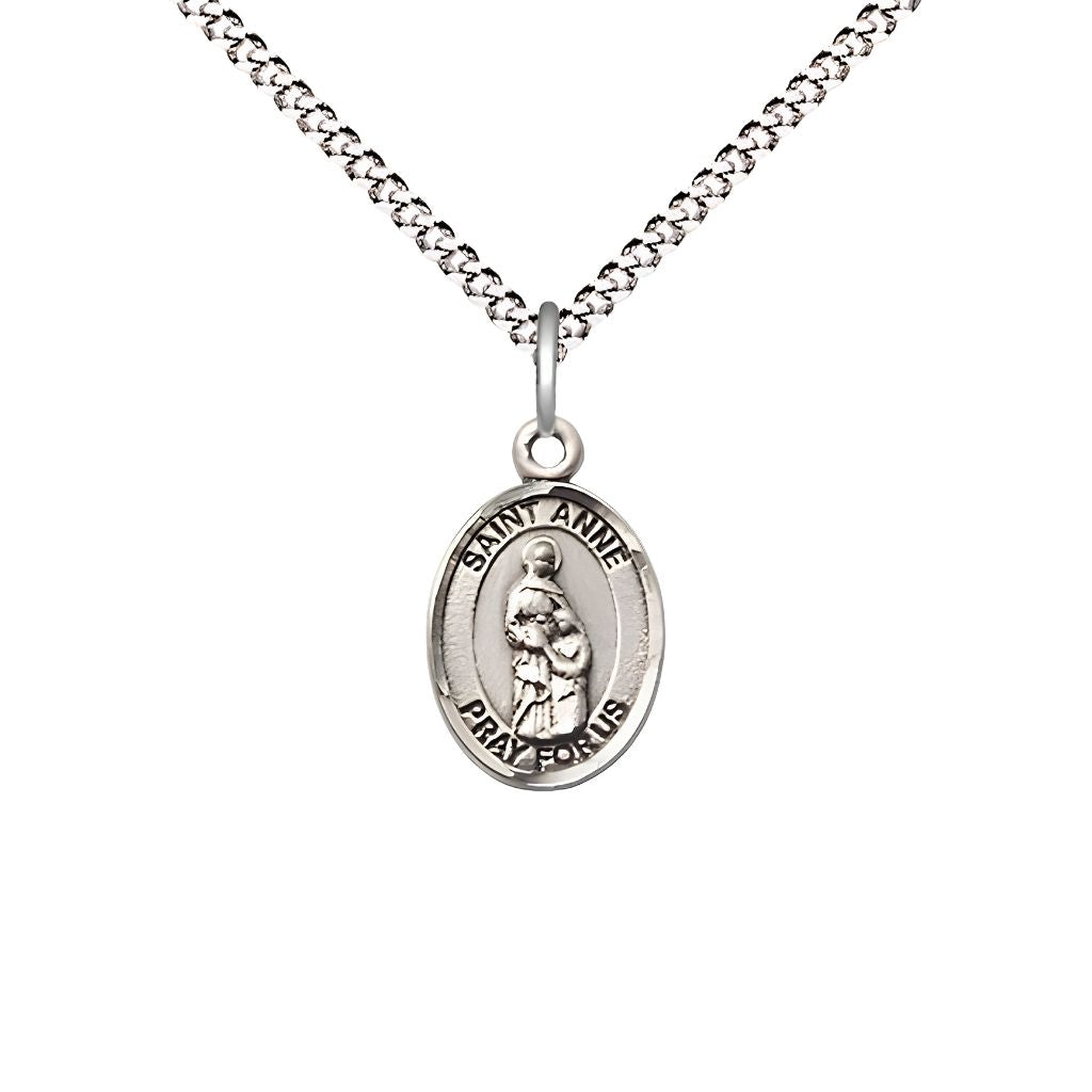 Bliss St. Anne Engravable Small Children Pewter Medal with Rhodium-plated Chain, Measures 1/2-inch tall by 1/4-inch wide. Deluxe Gift Box.