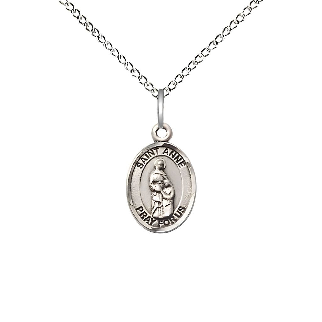 Bliss St. Anne Engravable Small Children Sterling Silver Medal with Sterling Chain, Measures 1/2-inch tall by 1/4-inch wide. Deluxe Gift Box.
