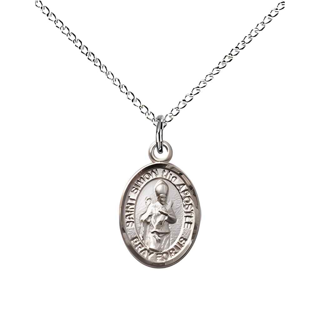 Saint Simon the Apostle Small Children Sterling Silver Medal with Sterling Silver Curb Chain with Deluxe Gift Box | Bliss Manufacturing