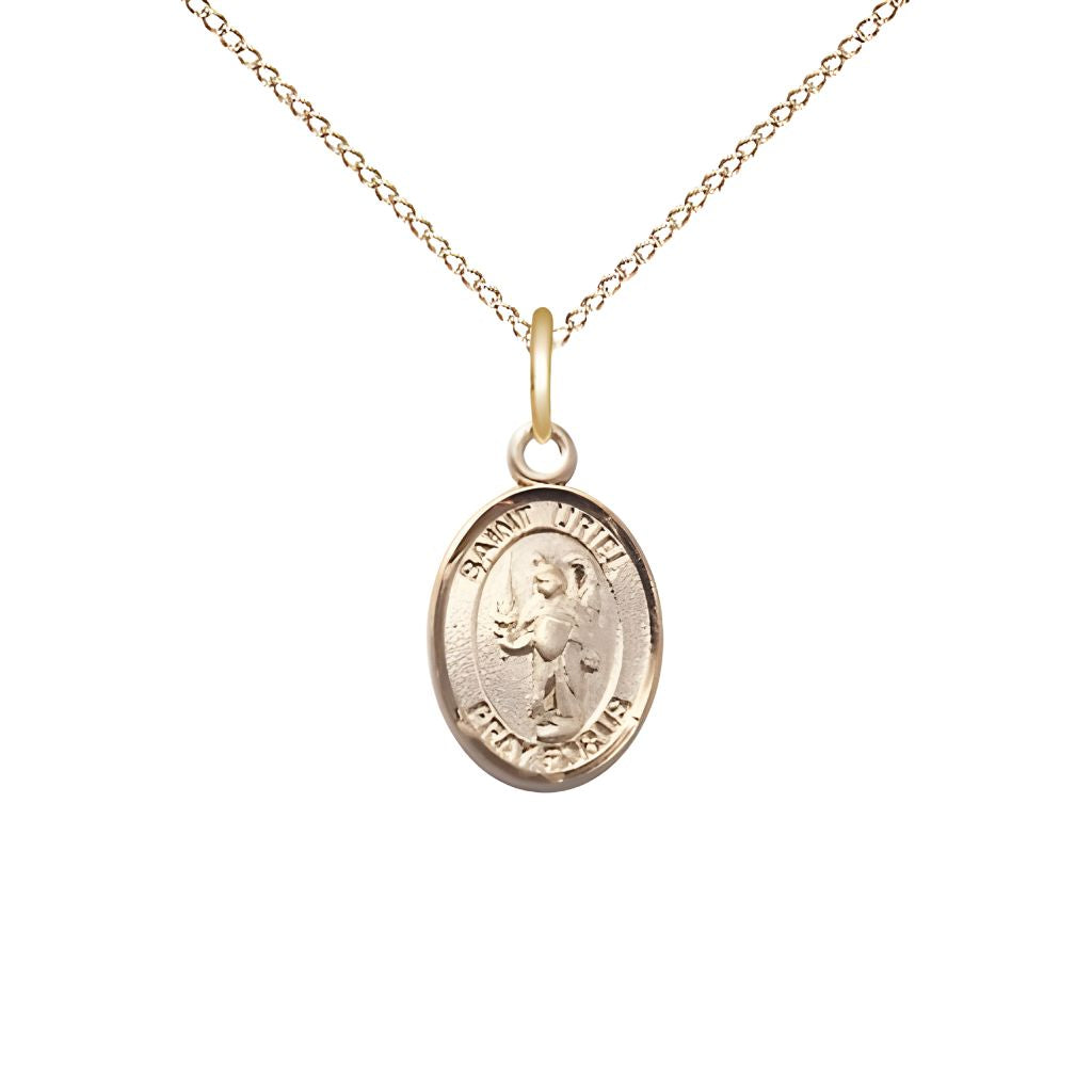 Bliss St. Uriel the Archangel 14kt Gold-filled Oval Small Children Medal with Gold-filled Chain, Measures 1/2-inch tall by 1/4-inch wide.