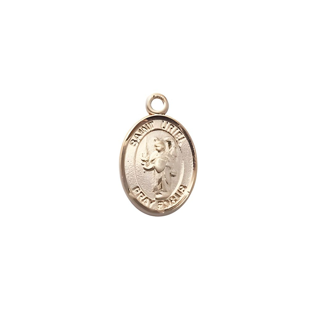 Bliss St. Uriel the Archangel 14kt Gold Oval Small Children Medal, Measures 1/2-inch tall by 1/4-inch wide.