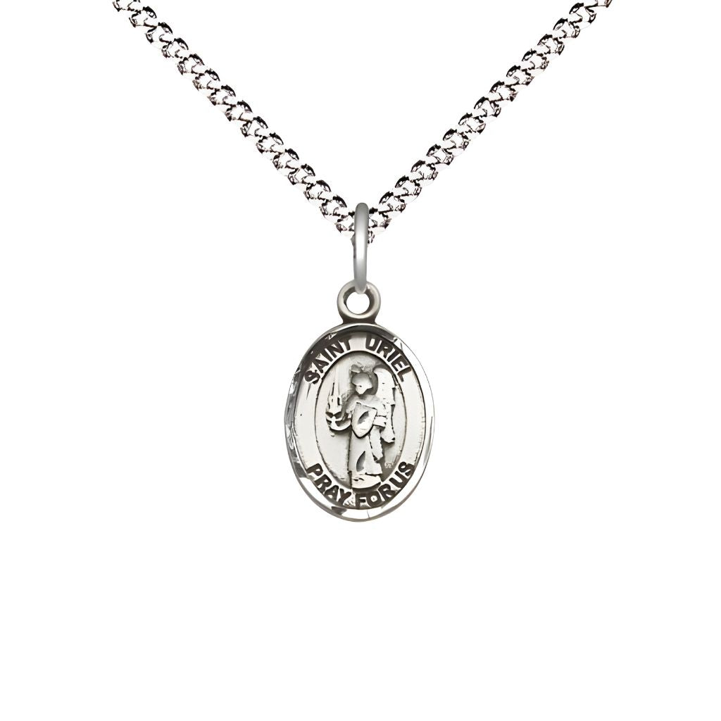 Bliss St. Uriel the Archangel Engravable Small Children Pewter Medal with Rhodium-plated Chain, Measures 1/2-inch tall by 1/4-inch wide.