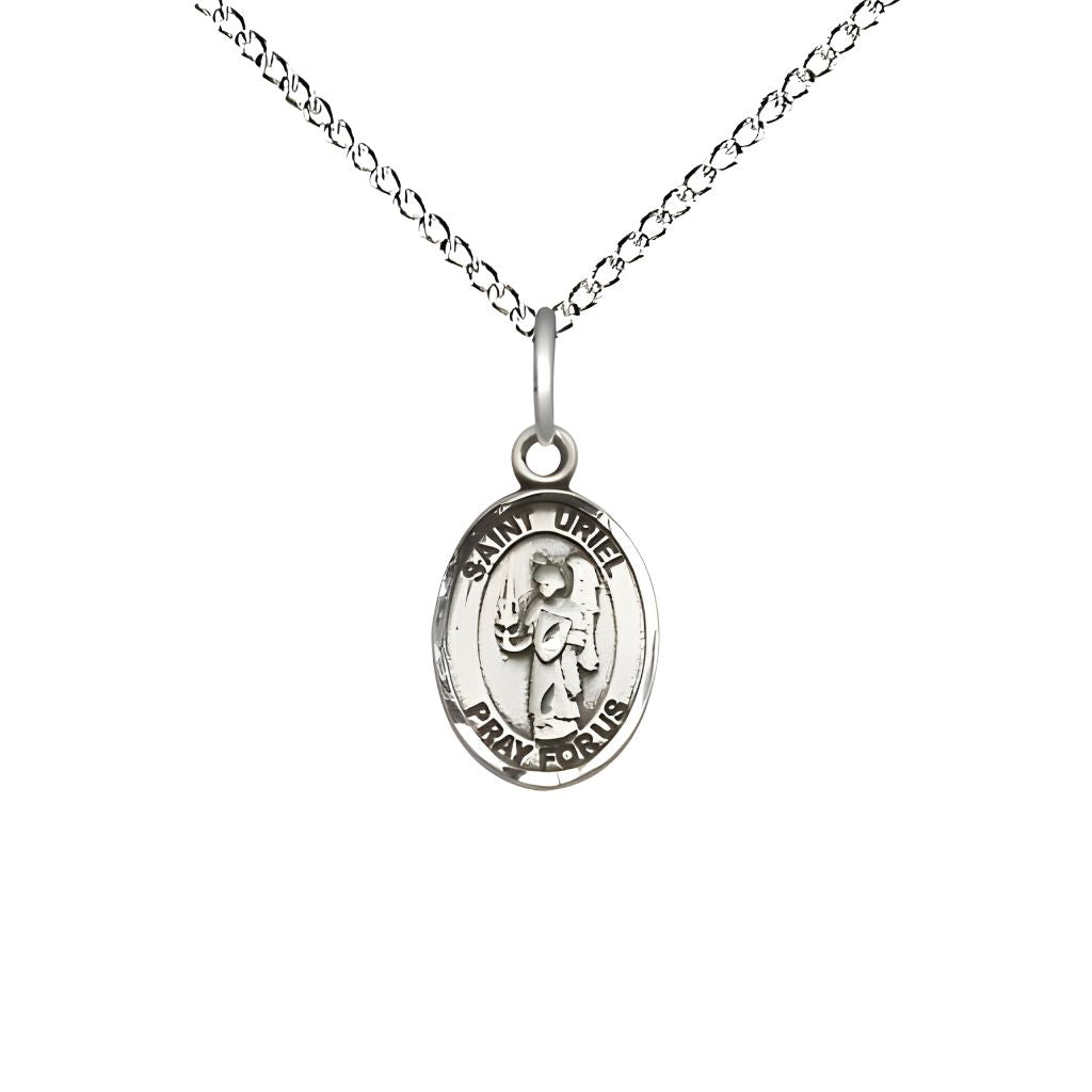 Bliss St. Uriel the Archangel Engravable Small Children Sterling Silver Medal with Sterling Chain, Measures 1/2-inch tall by 1/4-inch wide.
