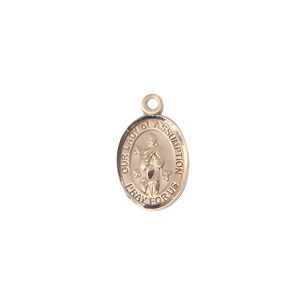 Our Lady of Assumption 14kt Gold Oval Children Medal, Engravable and Chain Options, 1/2" tall x 1/4" wide