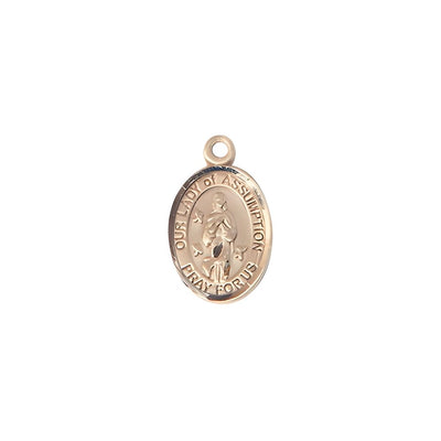 Our Lady of Assumption 14kt Gold Oval Children Medal, Engravable and Chain Options, 1/2" tall x 1/4" wide, Bliss Manufacturing