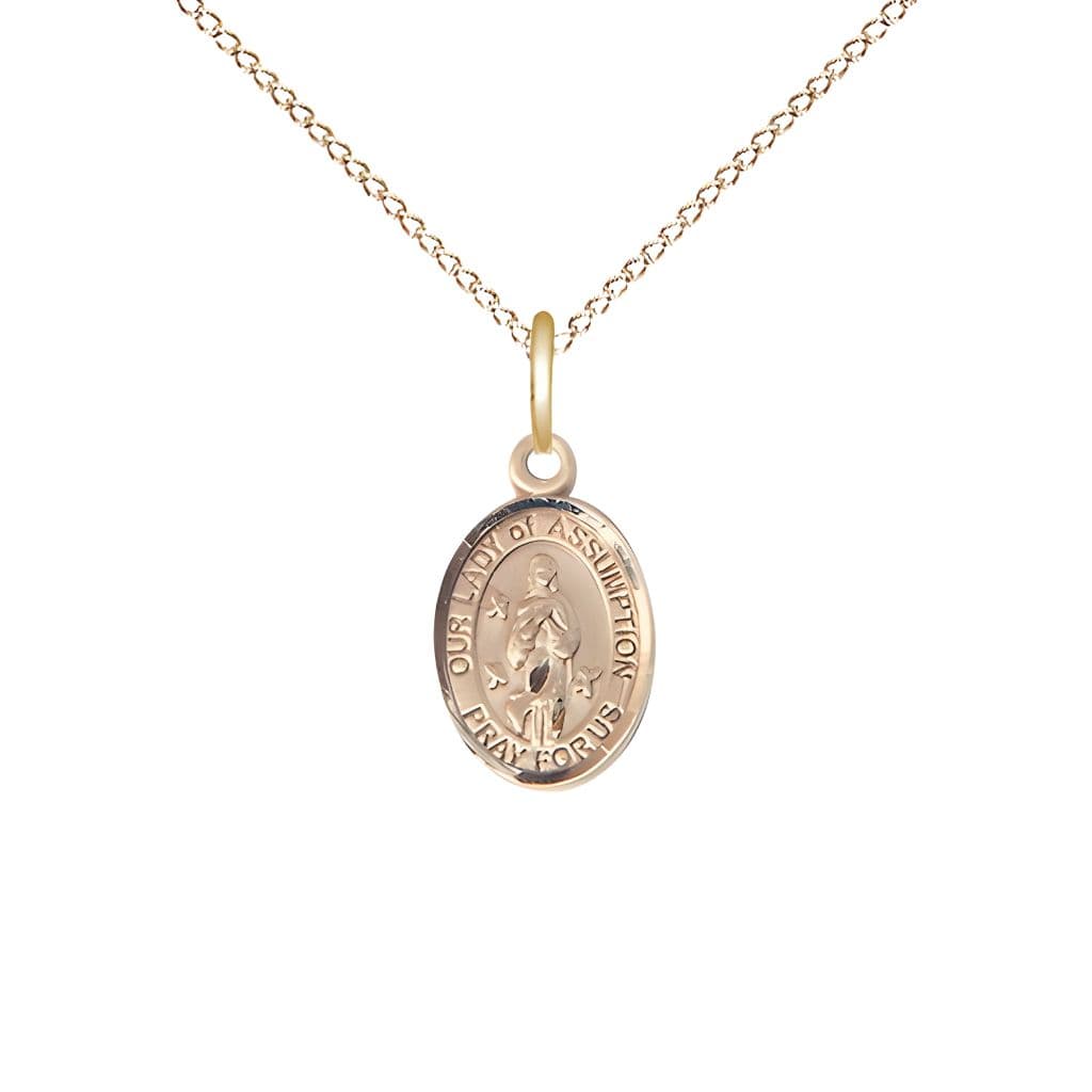 Our Lady of Assumption 14kt Gold Oval Children Medal Necklace, Engravable and Chain Options, 1/2" tall x 1/4" wide