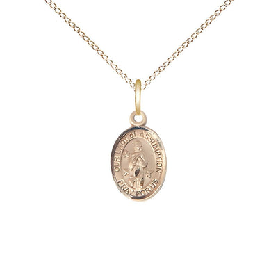 Our Lady of Assumption 14kt Gold Oval Children Medal Necklace, Engravable and Chain Options, 1/2" tall x 1/4" wide, Bliss Manufacturing