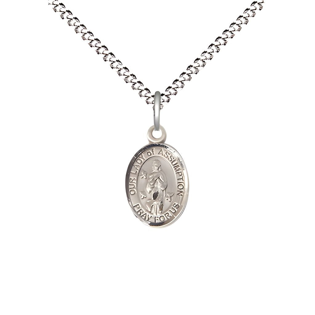 Our Lady of Assumption Pewter Oval Children Medal Necklace, Engravable and Chain Options, 1/2" tall x 1/4" wide