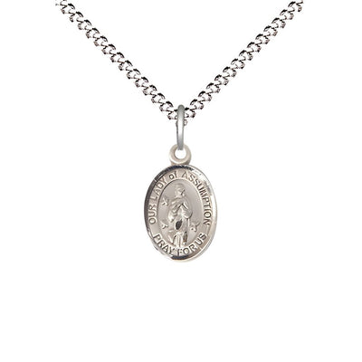 Our Lady of Assumption Pewter Oval Children Medal Necklace, Engravable and Chain Options, 1/2" tall x 1/4" wide, Bliss Manufacturing