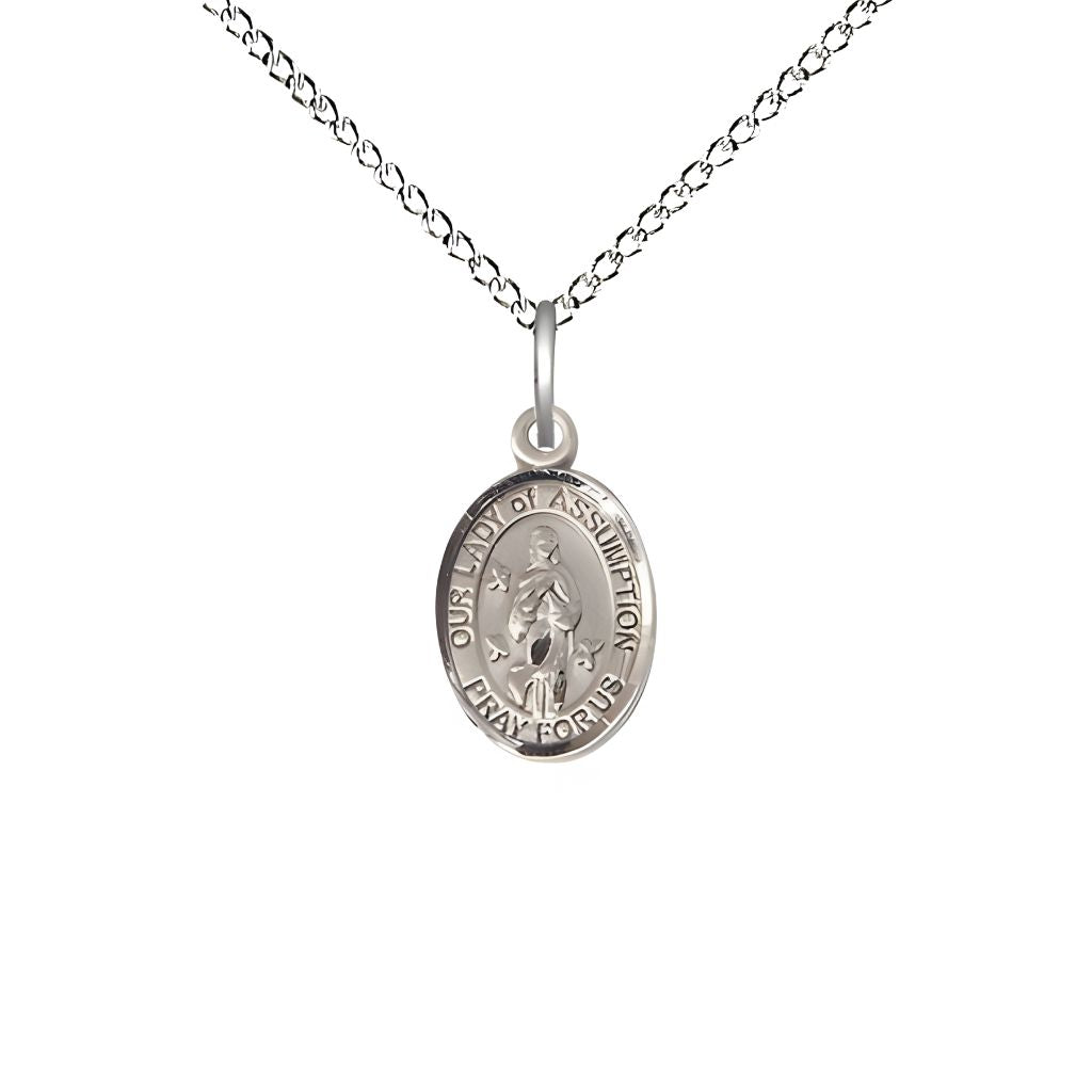 Our Lady of Assumption Sterling Silver Oval Children Medal Necklace, Engravable and Chain Options, 1/2" tall x 1/4" wide