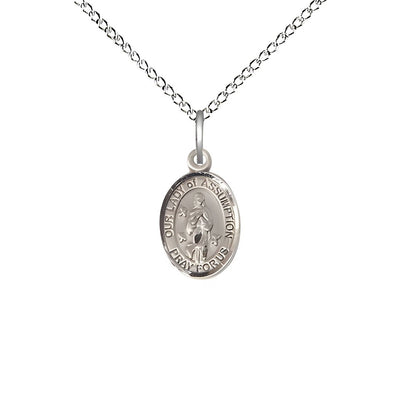 Our Lady of Assumption Sterling Silver Oval Children Medal Necklace, Engravable and Chain Options, 1/2" tall x 1/4" wide, Bliss Manufacturing