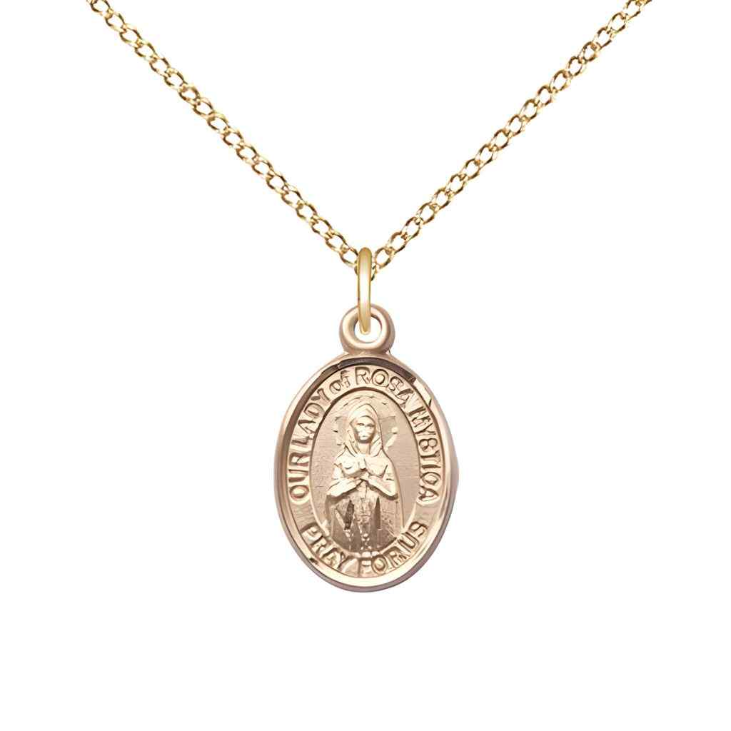 Our Lady of Rosa Mystica 14kt Gold-filled Oval Small Children Medal with Gold-filled Chain, Deluxe Gift Box.