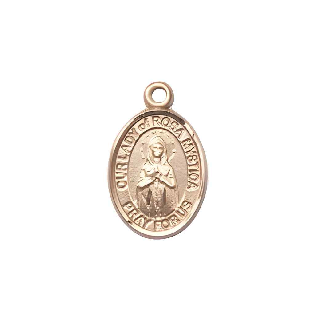 Our Lady of Rosa Mystica 14kt Gold Oval Small Children Medal, Deluxe Gift Box.