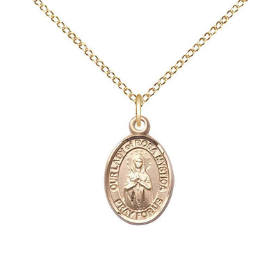 Our Lady of Rosa Mystica 14kt Gold Oval Small Children Medal with 14kt Gold Chain, Deluxe Gift Box.