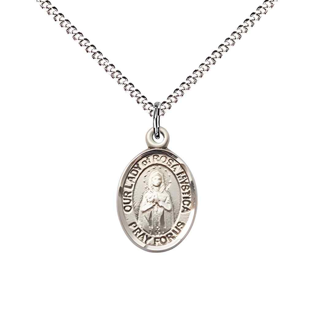 Our Lady of Rosa Mystica Small Children Pewter Medal with Rhodium-plated Chain, Deluxe Gift Box.
