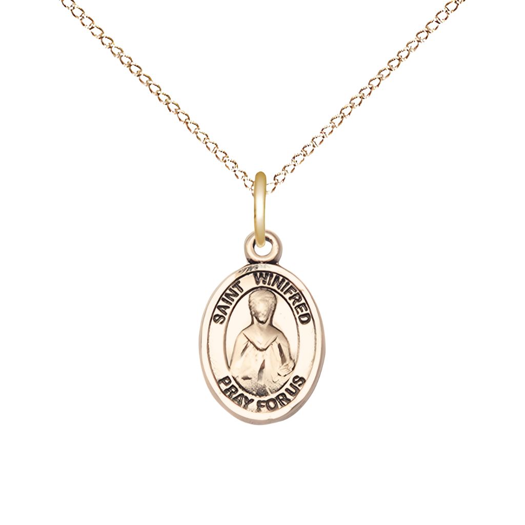 Bliss St. Winifred of Wales 14kt Gold-filled  Oval Small Children Medal with Gold-filled Chain, Measures 1/2-inch tall by 1/4-inch wide.