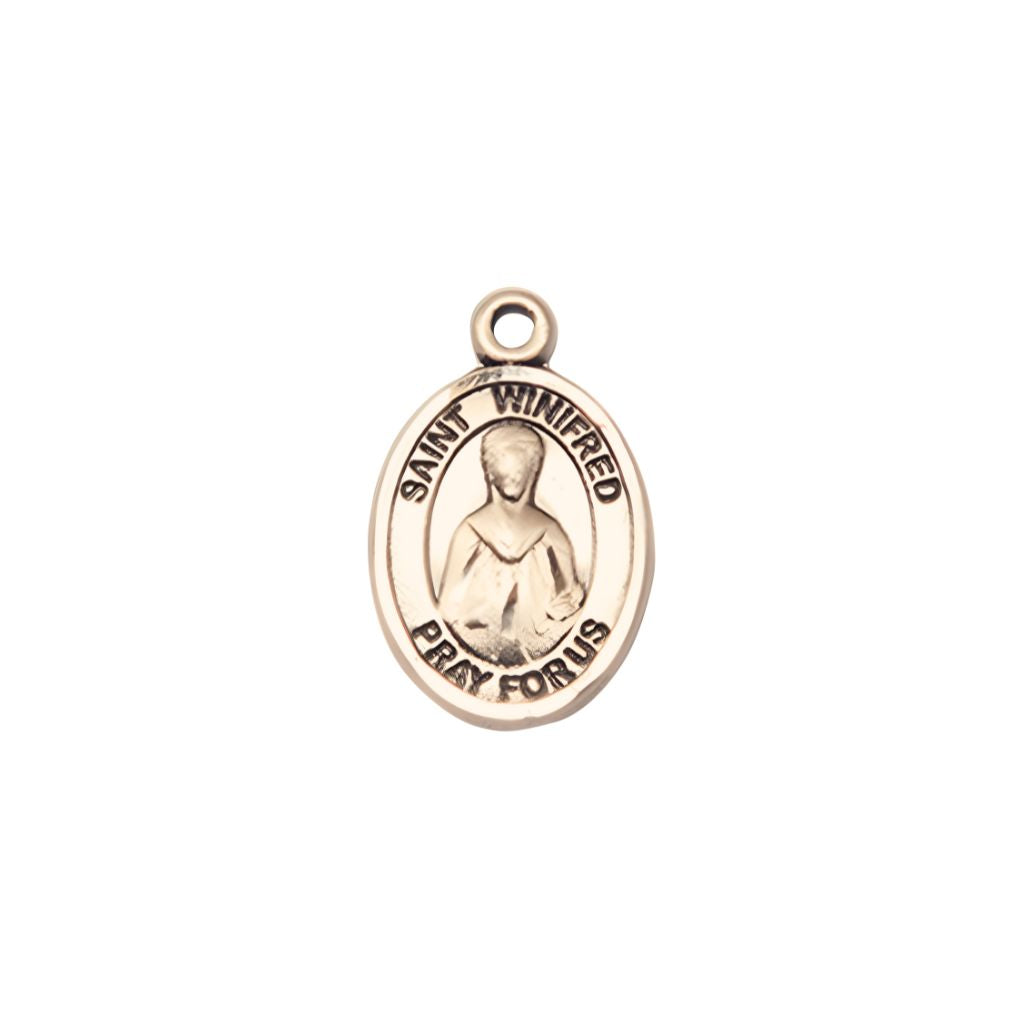 Bliss St. Winifred of Wales 14kt Gold Oval Small Children Medal, Measures 1/2-inch tall by 1/4-inch wide.