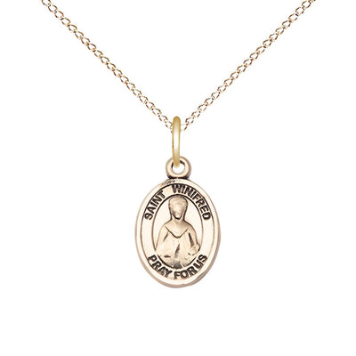 St. Winifred of Wales 14kt Gold Oval Small Children Medal with 14kt Gold Chain, Measures 1/2-inch tall by 1/4-inch wide, Bliss Manufacturing