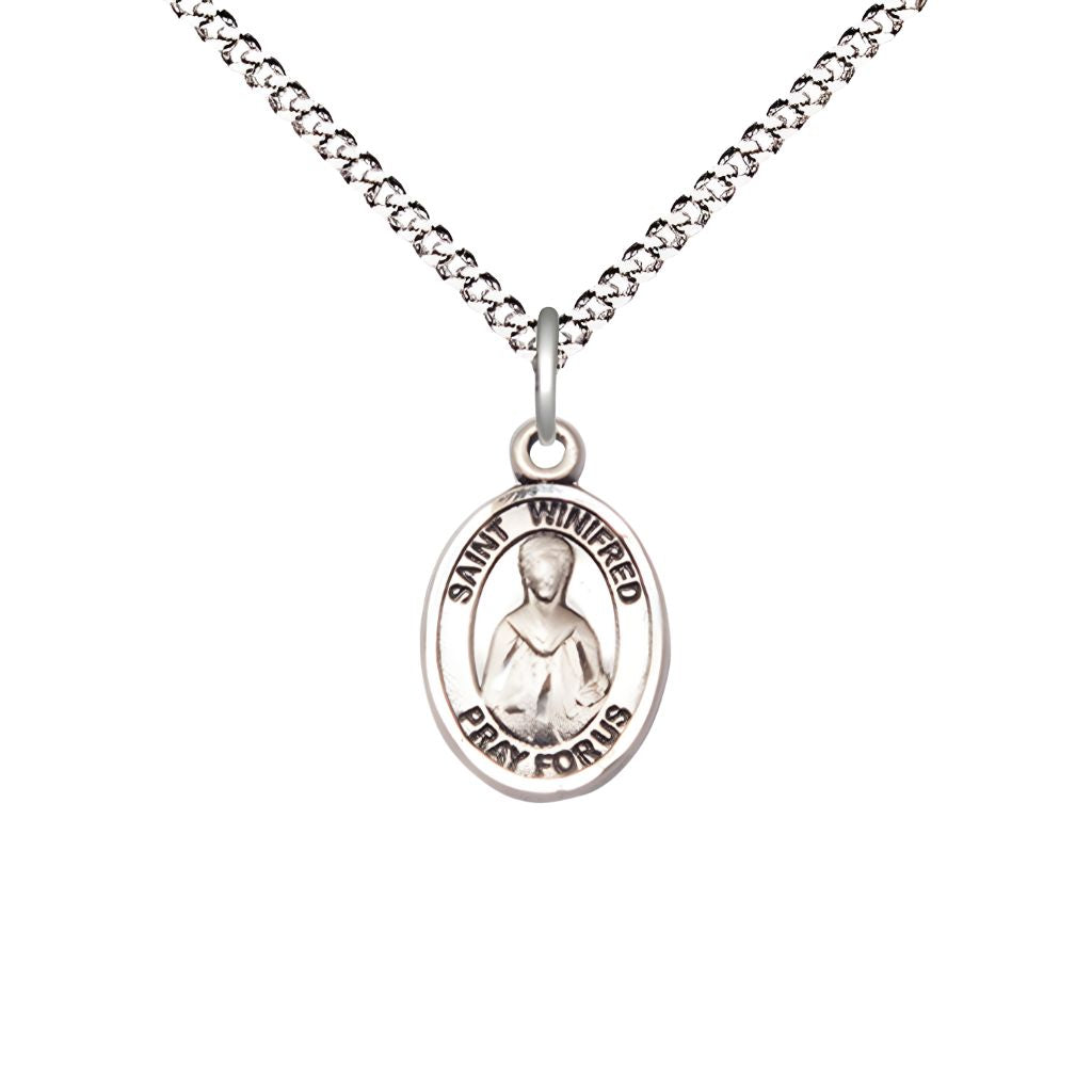 Bliss St. Winifred of Wales Engravable Small Children Pewter Medal with Rhodium-plated Chain, Measures 1/2-inch tall by 1/4-inch wide.