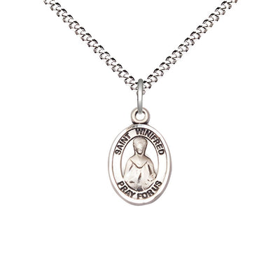St. Winifred of Wales Engravable Small Children Pewter Medal with Rhodium-plated Chain, Measures 1/2-inch tall by 1/4-inch wide, Bliss Manufacturing