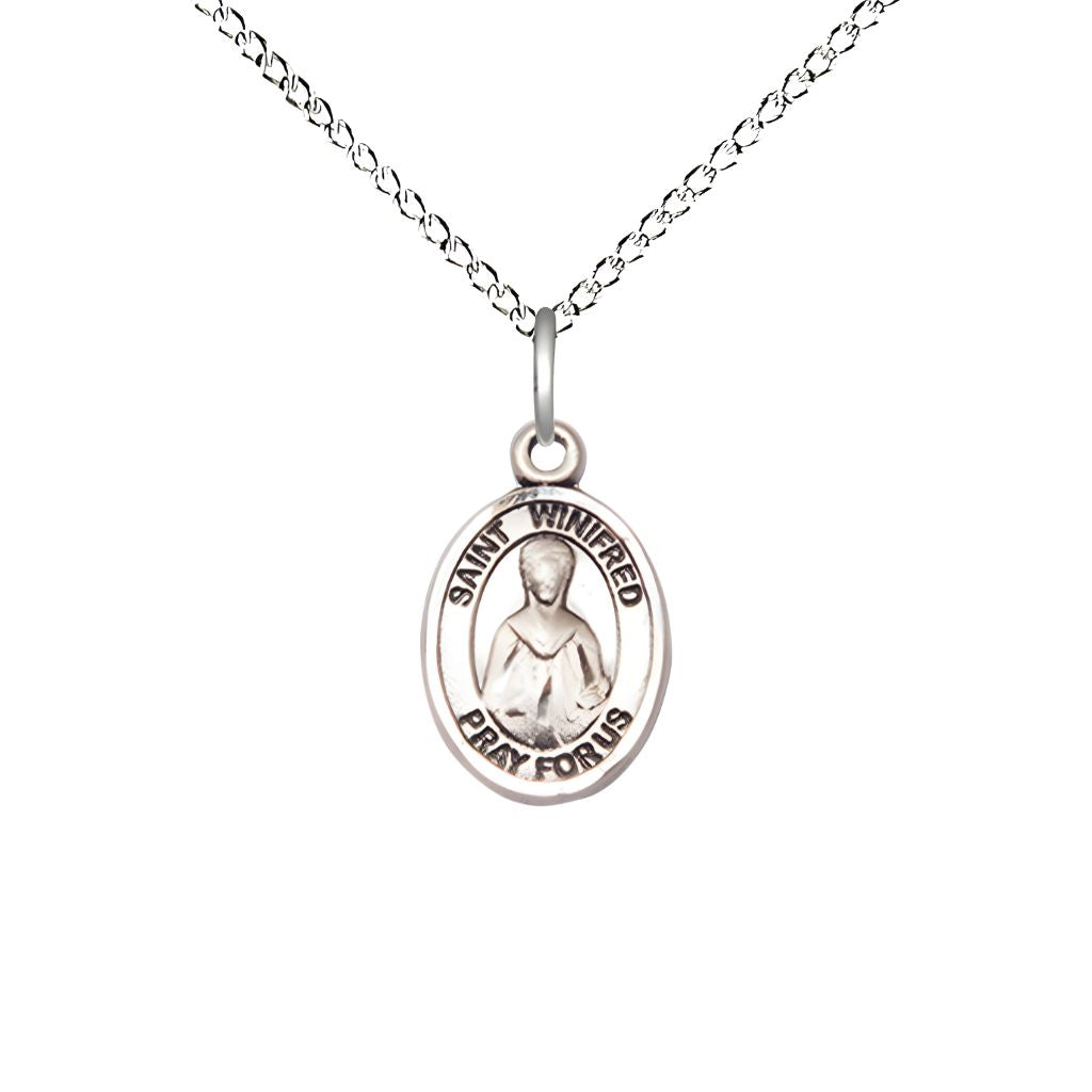 Bliss St. Winifred of Wales Engravable Small Children Sterling Silver Medal with Sterling Chain, Measures 1/2-inch tall by 1/4-inch wide.