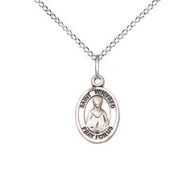St. Winifred of Wales Engravable Small Children Sterling Silver Medal with Sterling Chain, Measures 1/2-inch tall by 1/4-inch wide, Bliss Manufacturing