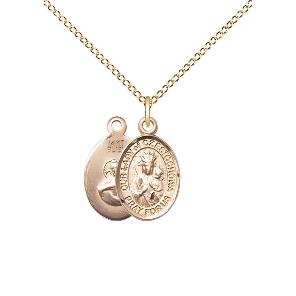 Our Lady of Czestochowa 14kt Gold Oval Small Children Medal with 14kt Gold Chain, Deluxe Gift Box