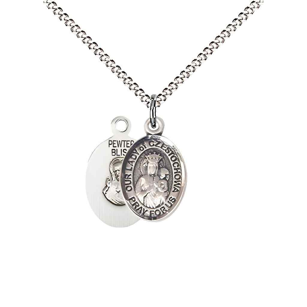 Our Lady of Czestochowa Small Children Pewter Medal with Rhodium-plated Chain, Deluxe Gift Box