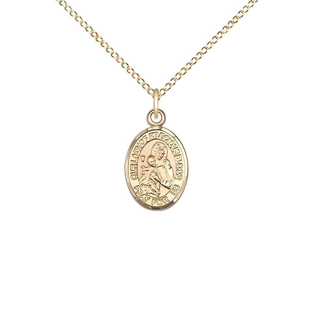 Our Lady of the Precious Blood 14kt Gold Oval Small Children Medal with 14kt Gold Chain, Deluxe Gift Box.