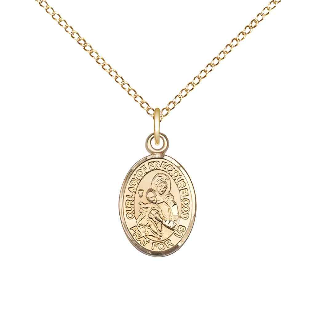 Our Lady of the Precious Blood 14kt Gold-filled Oval Small Children Medal with Gold-filled Chain, Deluxe Gift Box.