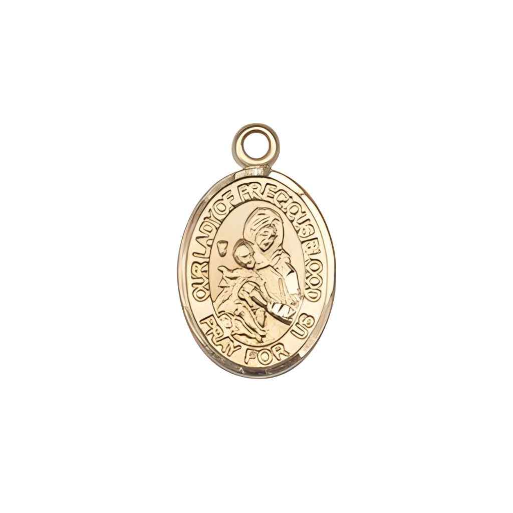 Our Lady of the Precious Blood 14kt Gold Oval Small Children Medal Pendant, Deluxe Gift Box.