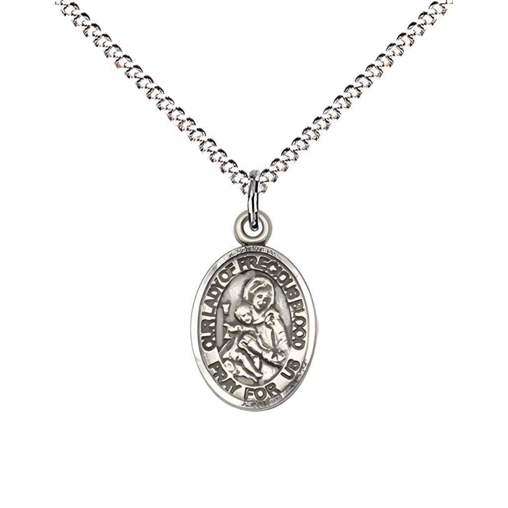 Our Lady of the Precious Blood Small Children Pewter Medal with Rhodium-plated Chain, Deluxe Gift Box.