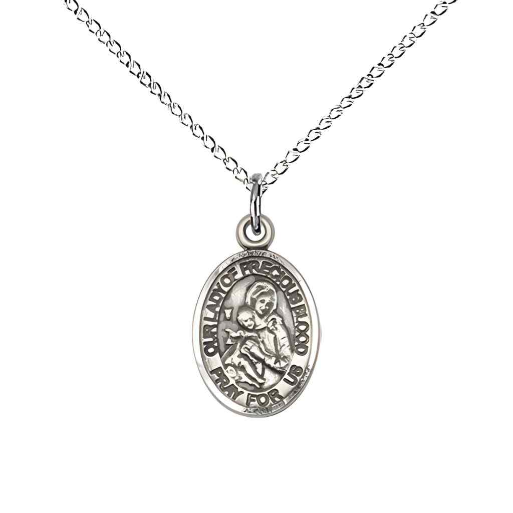 Our Lady of the Precious Blood Small Children Sterling Silver Medal with Sterling Chain, Deluxe Gift Box.