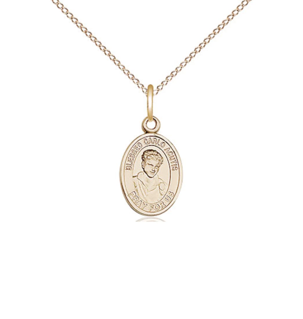 Bliss Small Engravable Blessed Carlo Acutis 14kt Gold Medal with 14kt Gold Chain,9460KT_C04KT,