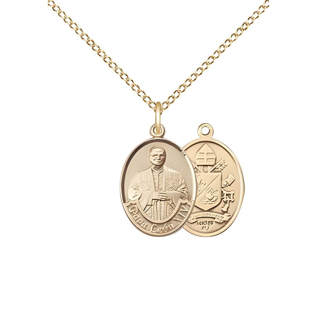 Bliss Papa Leon XIV 14kt Gold-filled Oval Small Children Medal with Gold-filled Chain, Measures 1/2-inch tall by 1/4-inch wide.