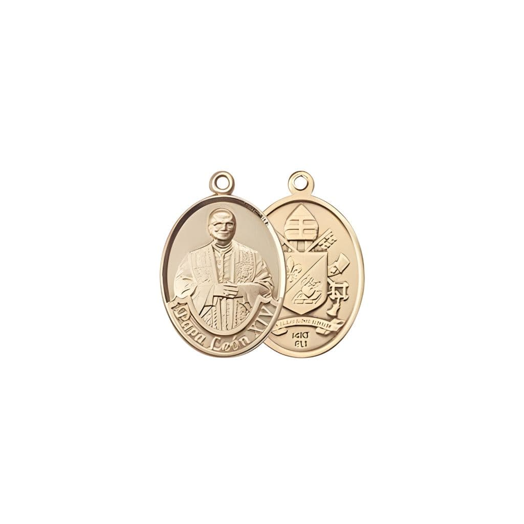 Bliss Papa Leon XIV 14kt Gold Oval Small Children Medal, Measures 1/2-inch tall by 1/4-inch wide.