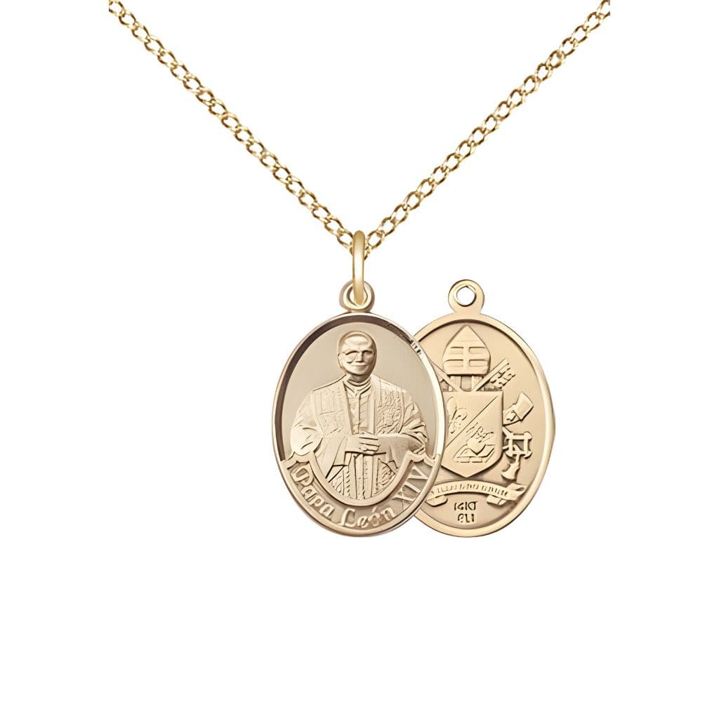 Bliss Papa Leon XIV 14kt Gold Oval Small Children Medal with 14kt Gold Chain, Measures 1/2-inch tall by 1/4-inch wide.