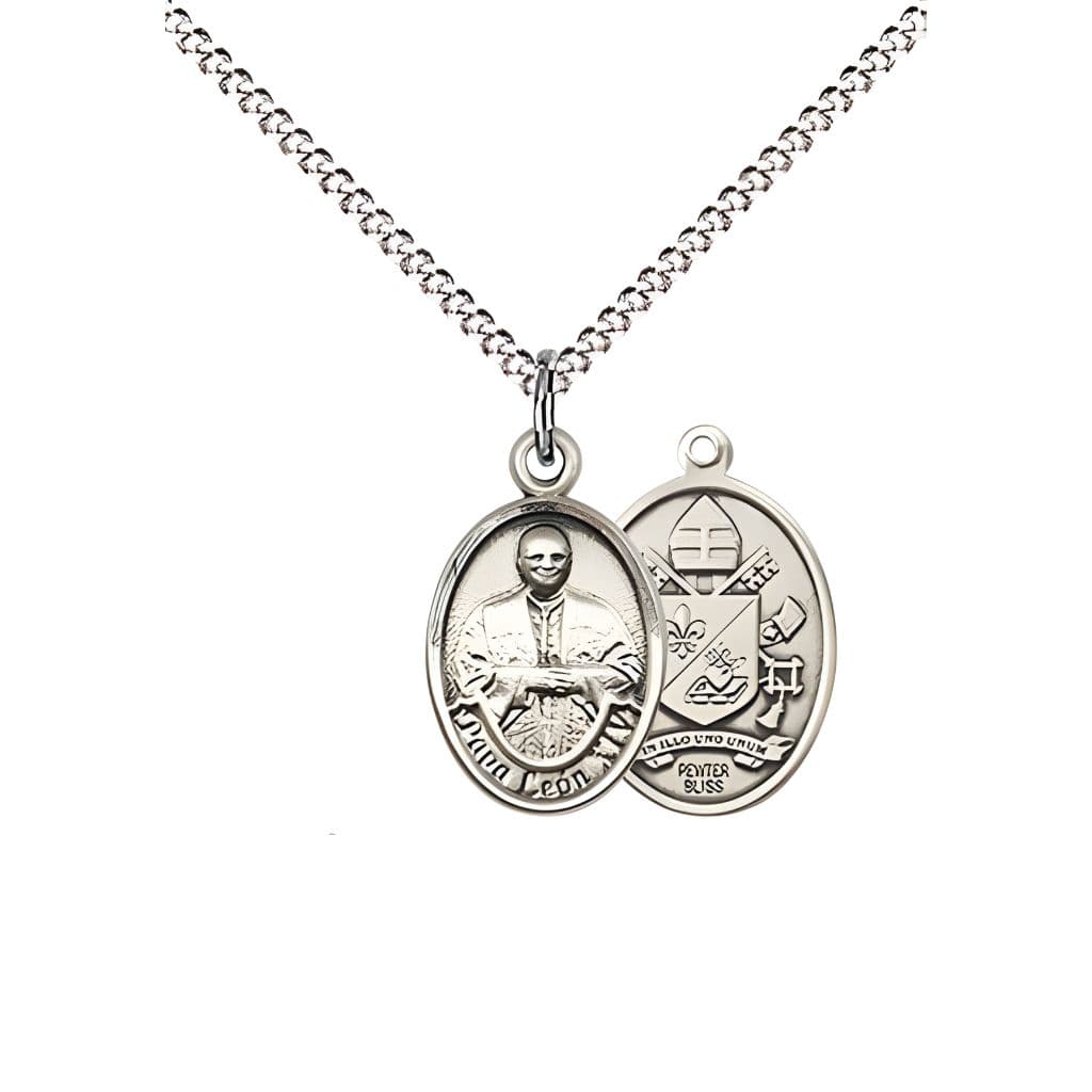 Bliss Papa Leon XIV Engravable Small Children Pewter Medal with Rhodium-plated Chain, Measures 1/2-inch tall by 1/4-inch wide.