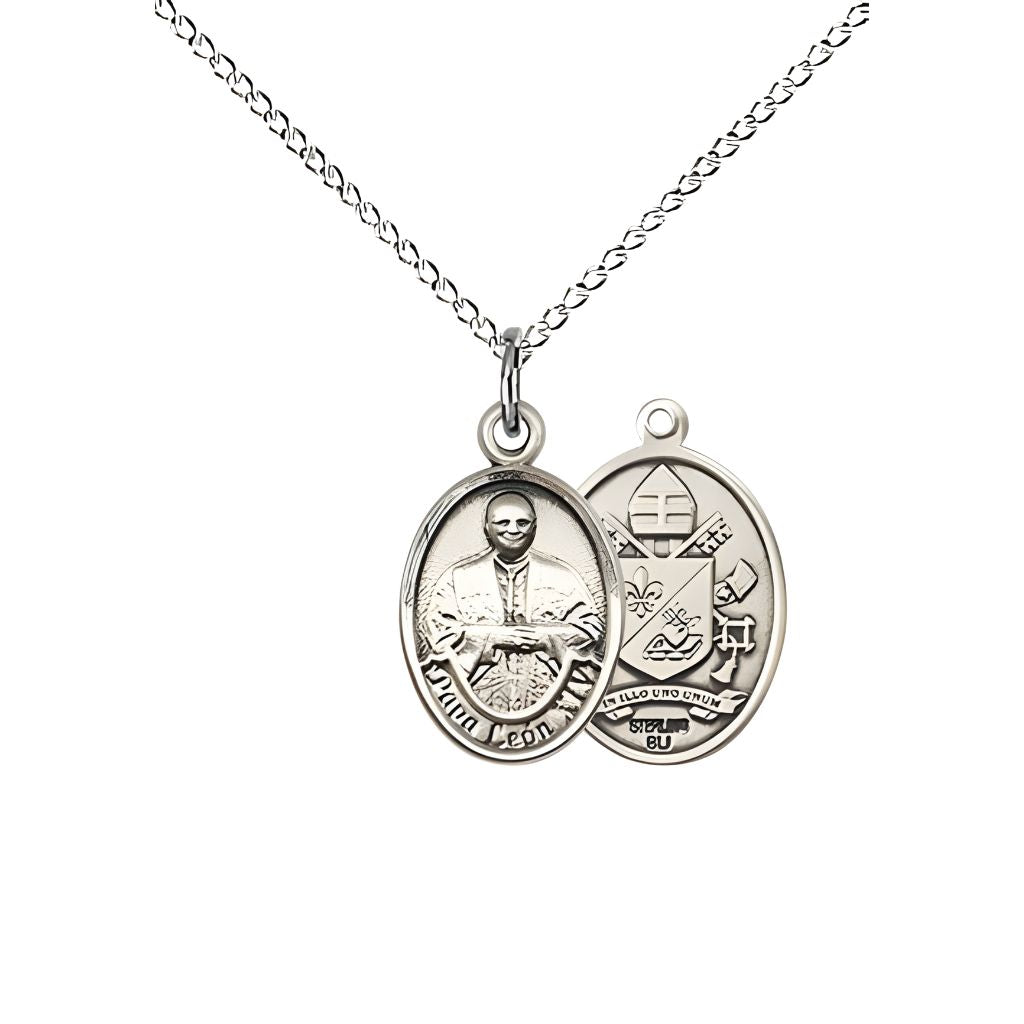 Bliss Papa Leon XIV Engravable Small Children Sterling Silver Medal with Sterling Chain, Measures 1/2-inch tall by 1/4-inch wide.