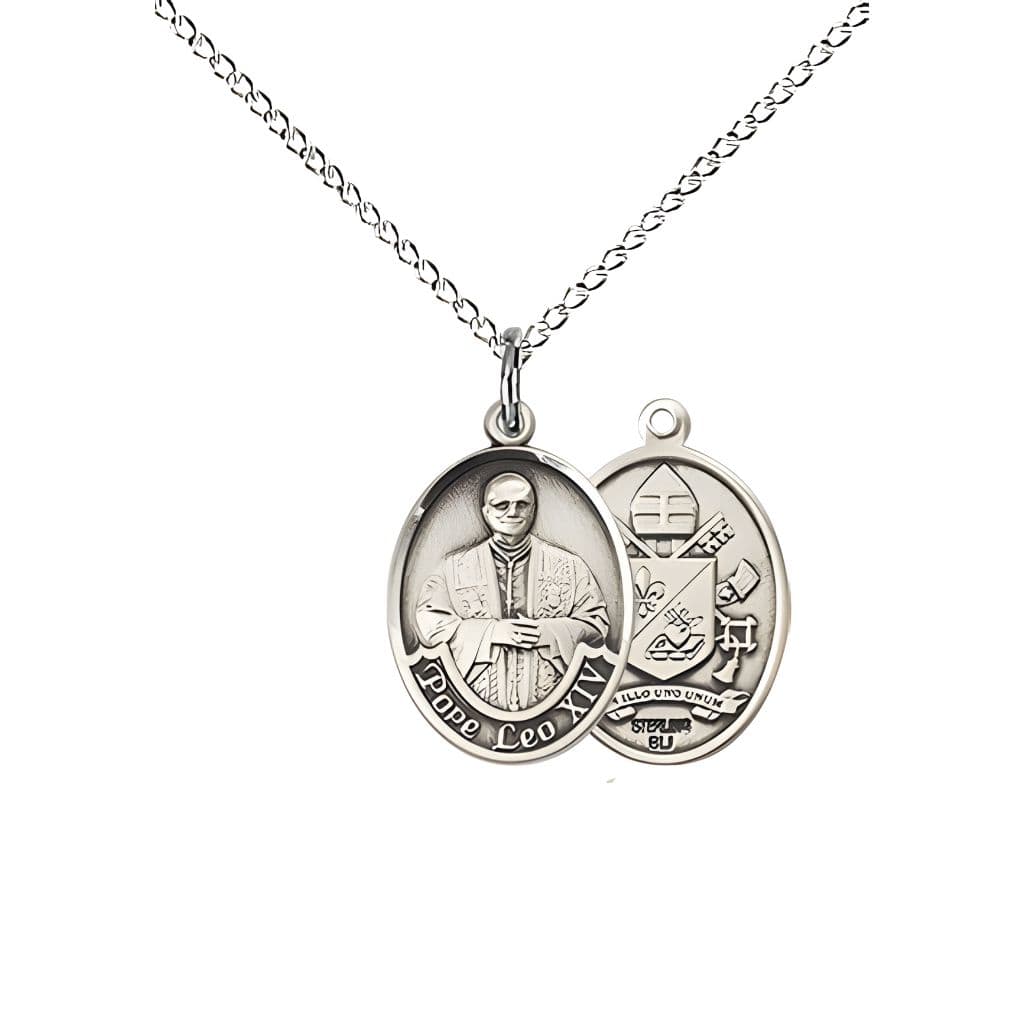 Bliss Pope Leo XIV Engravable Sterling Silver Small Medal with Sterling Chain, Measures 3/4-inch tall by 1/2-inch wide.
