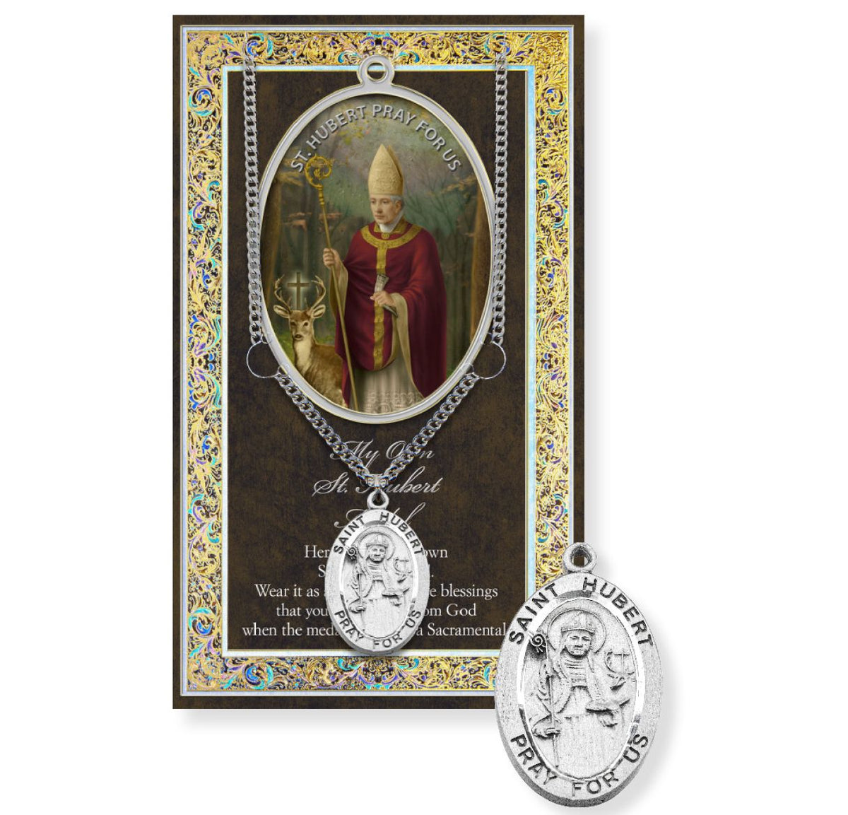 St Hubert of Liege Pewter Medal with Biography and Prayer Pamphlet,