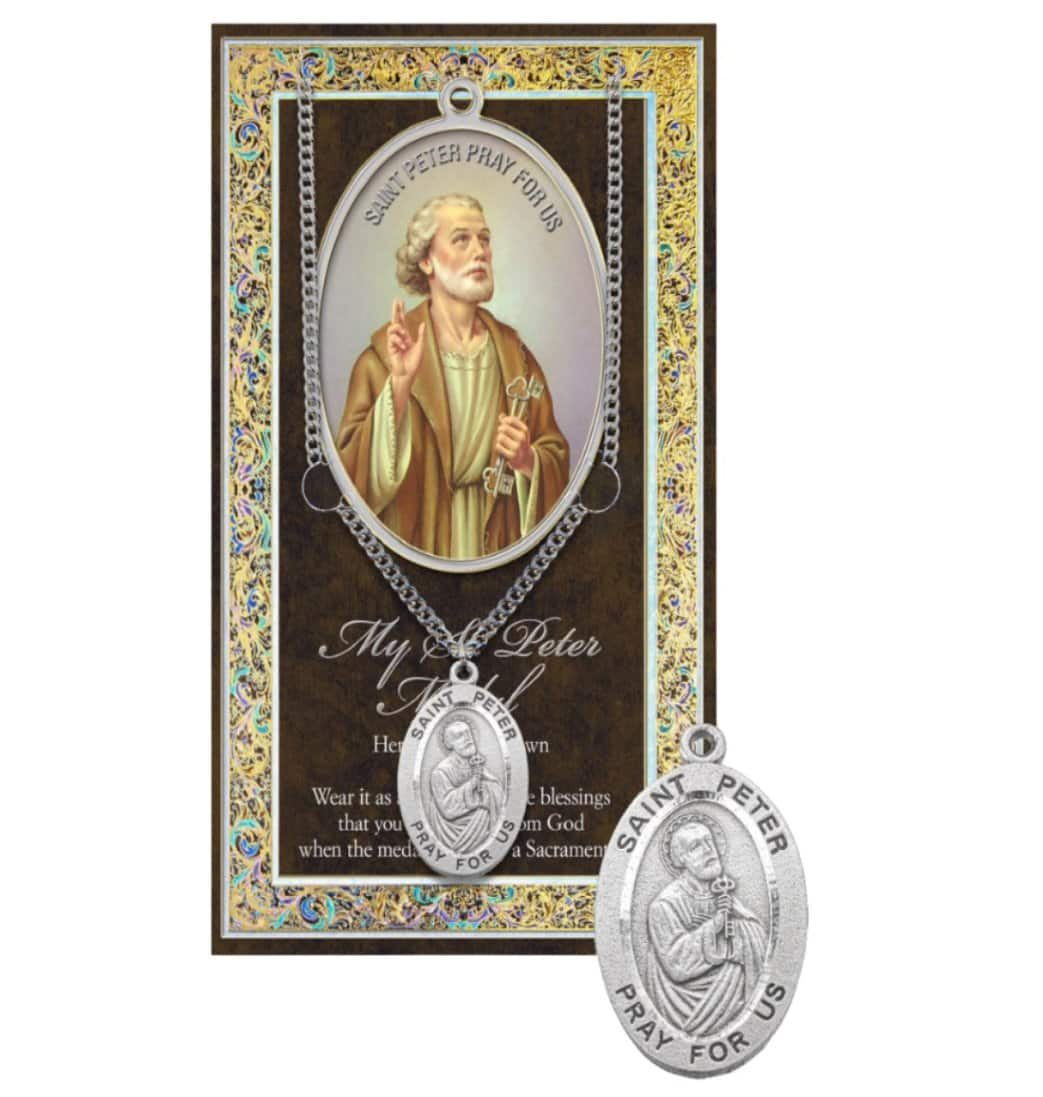 Saint Peter Genuine Pewter Medal on a 24" Chain with Biography and Picture Folder,