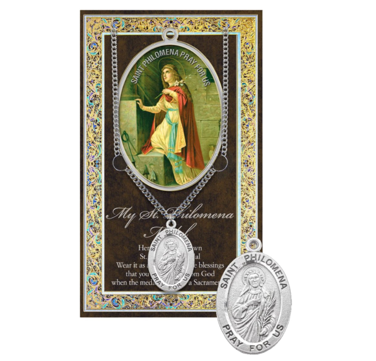 Hirten Saint Philomena Genuine Pewter Medal on a 18" Chain with Biography and Picture Folder,