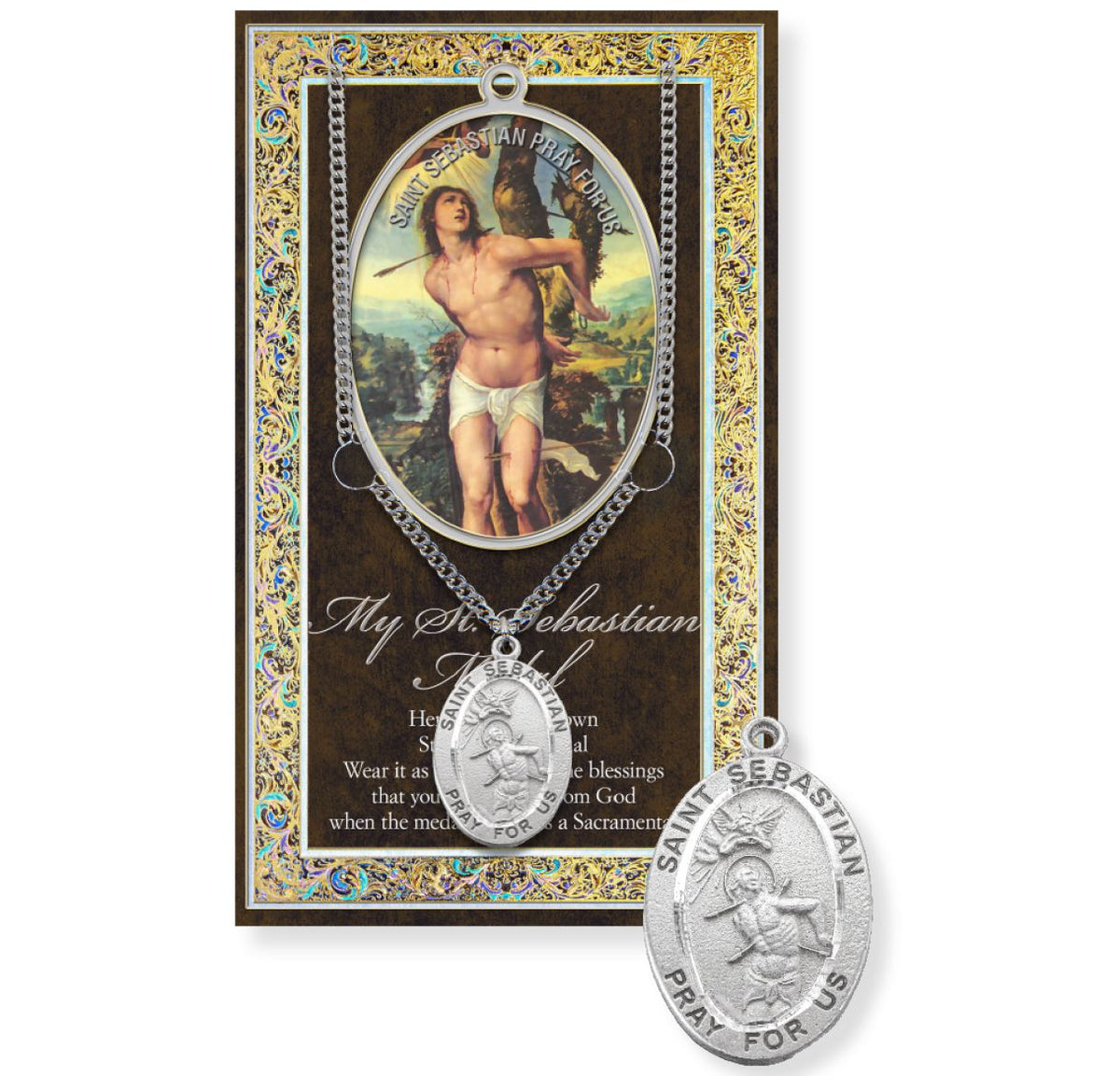 Hirten Saint Sebastian Genuine Pewter Medal on a 24" Chain with Biography and Picture Folder,