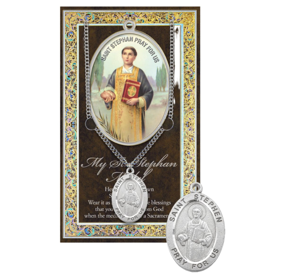 Hirten Saint Stephen Genuine Pewter Medal on a 24" Chain with Biography and Picture Folder,