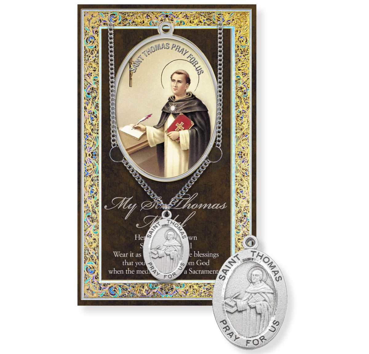 Hirten Saint Thomas Aquinas Genuine Pewter Medal on a 24" Chain with Biography and Picture Folder