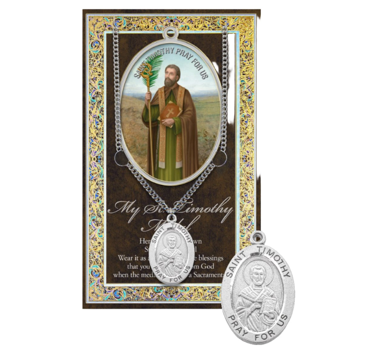 Hirten Saint Timothy Genuine Pewter Medal on a 24" Chain with Biography and Picture Folder,